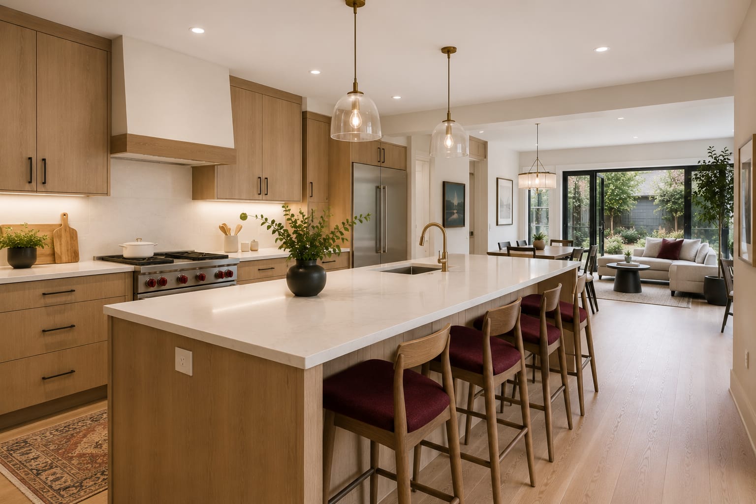 Renovated open-concept kitchen with an island and warm wood cabinetry