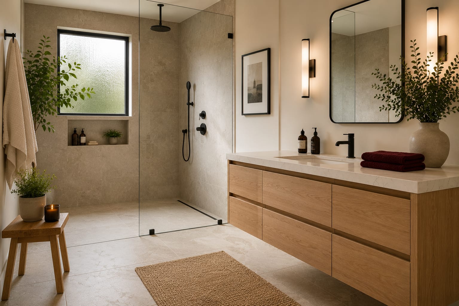 Renovated modern bathroom with a walk-in shower, floating vanity, and large-format tile