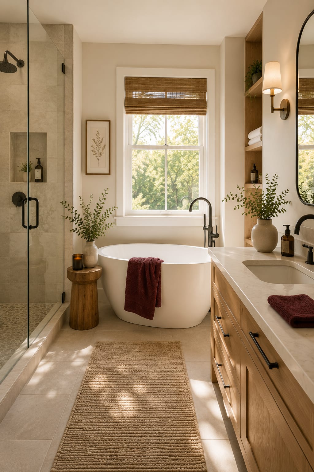 Calm bathroom with a freestanding tub and warm natural light