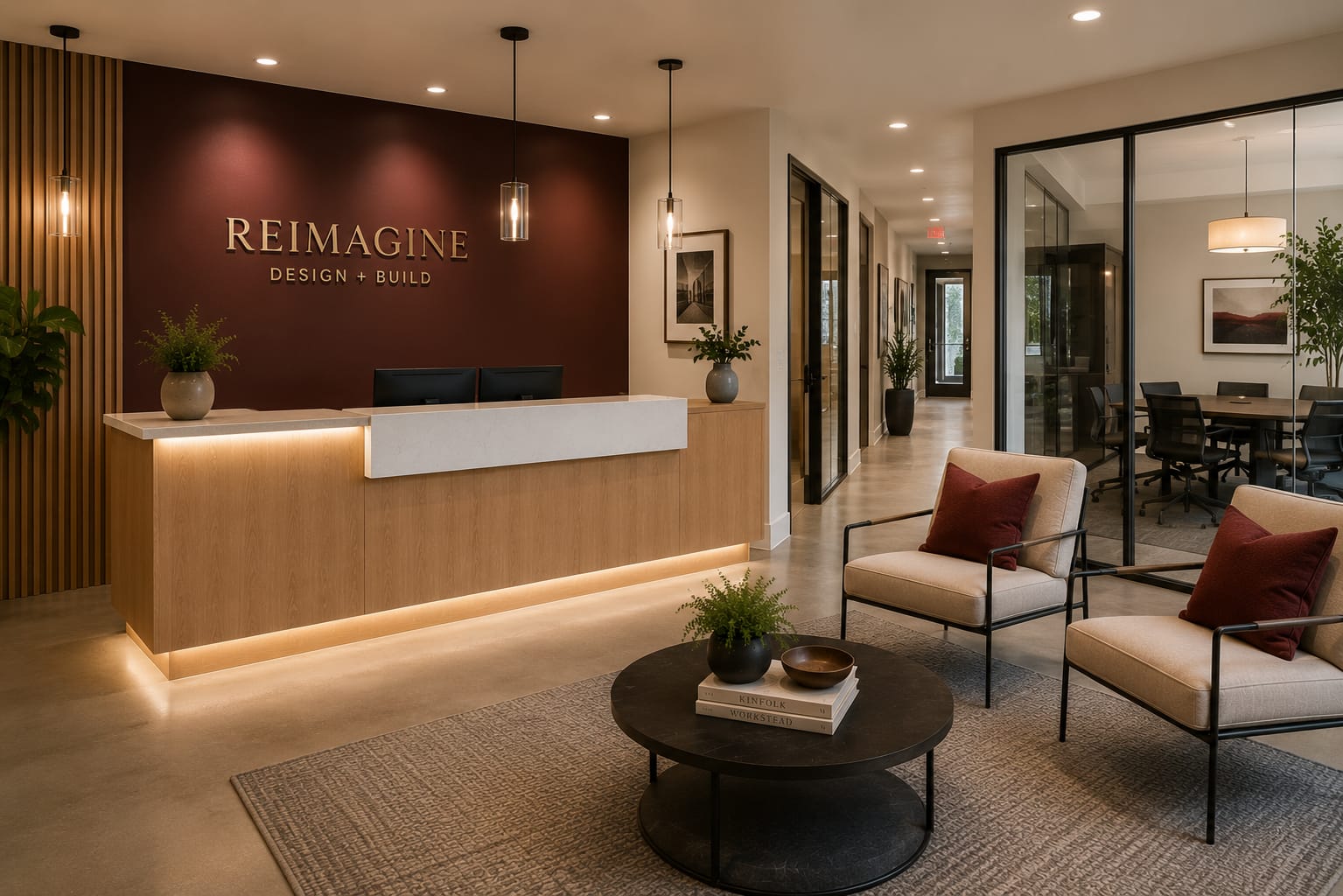 Renovated modern commercial office space with clean lines and warm finishes