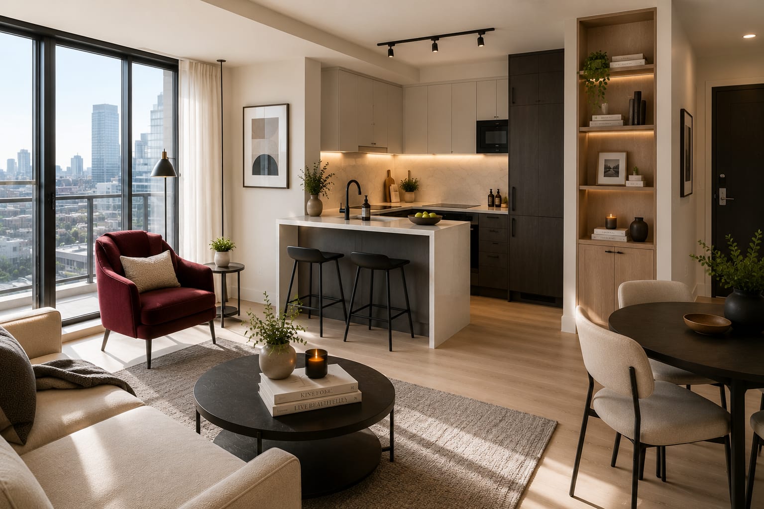 Renovated condo interior with large windows and a bright, open layout